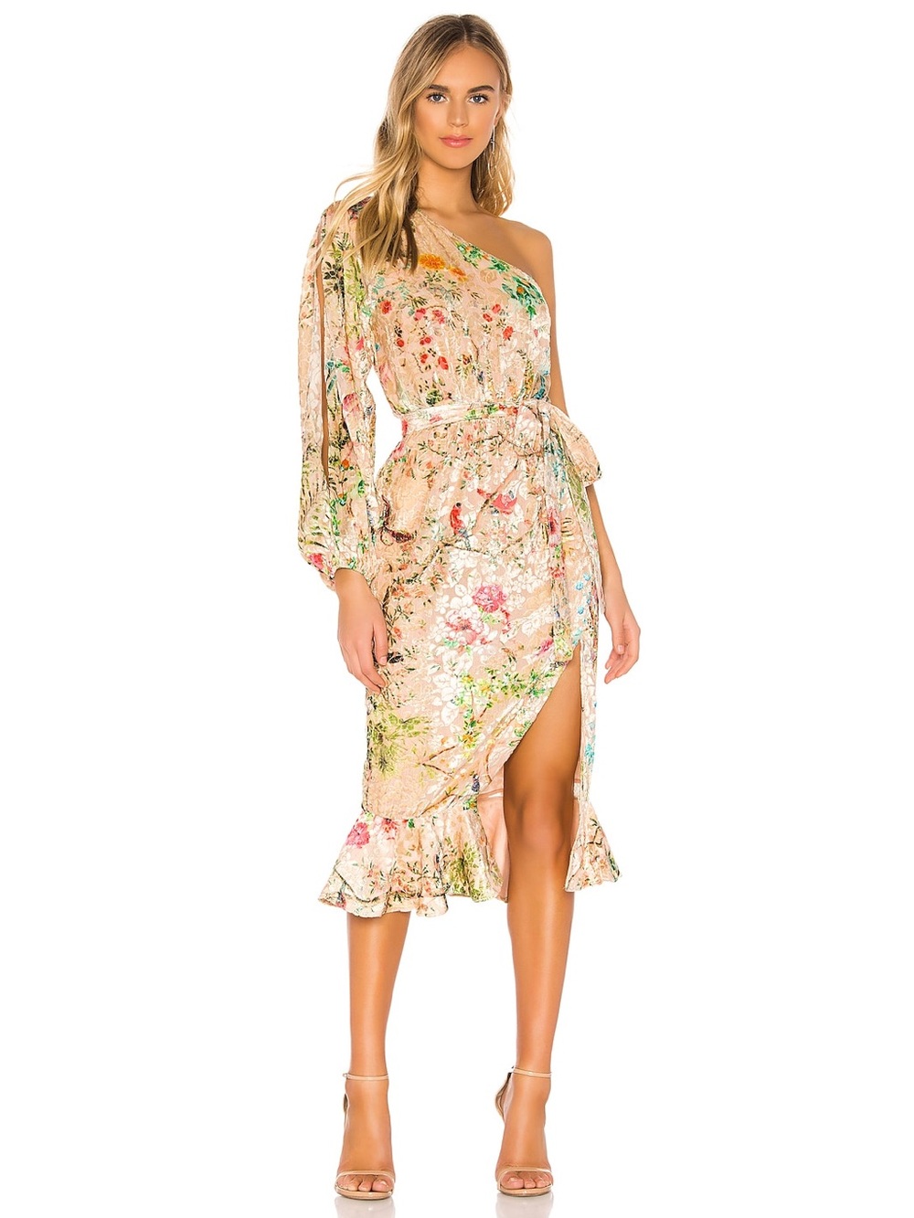 One-Shoulder Floral Midi Dress in Blush